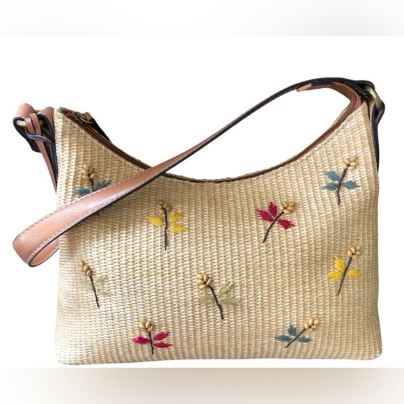 Fossil Handbags - FOSSIL Vintage Straw Handbag Shoulder Bag Leather Strap Beaded Floral